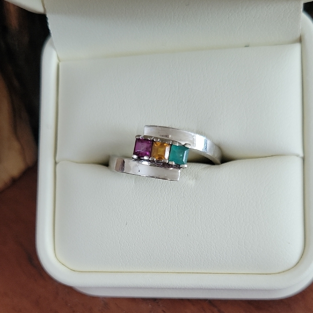 Emerald, Yellow Topaz, Pink Alexandrite Stone Ring 10Ka White Gold Band 8.5